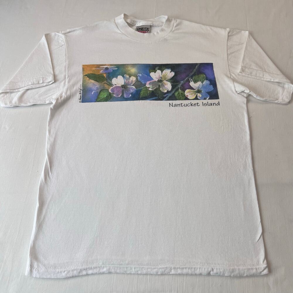 Oneita Vintage Nantucket Island Single Stitch T-Shirt Blossoms Size Medium